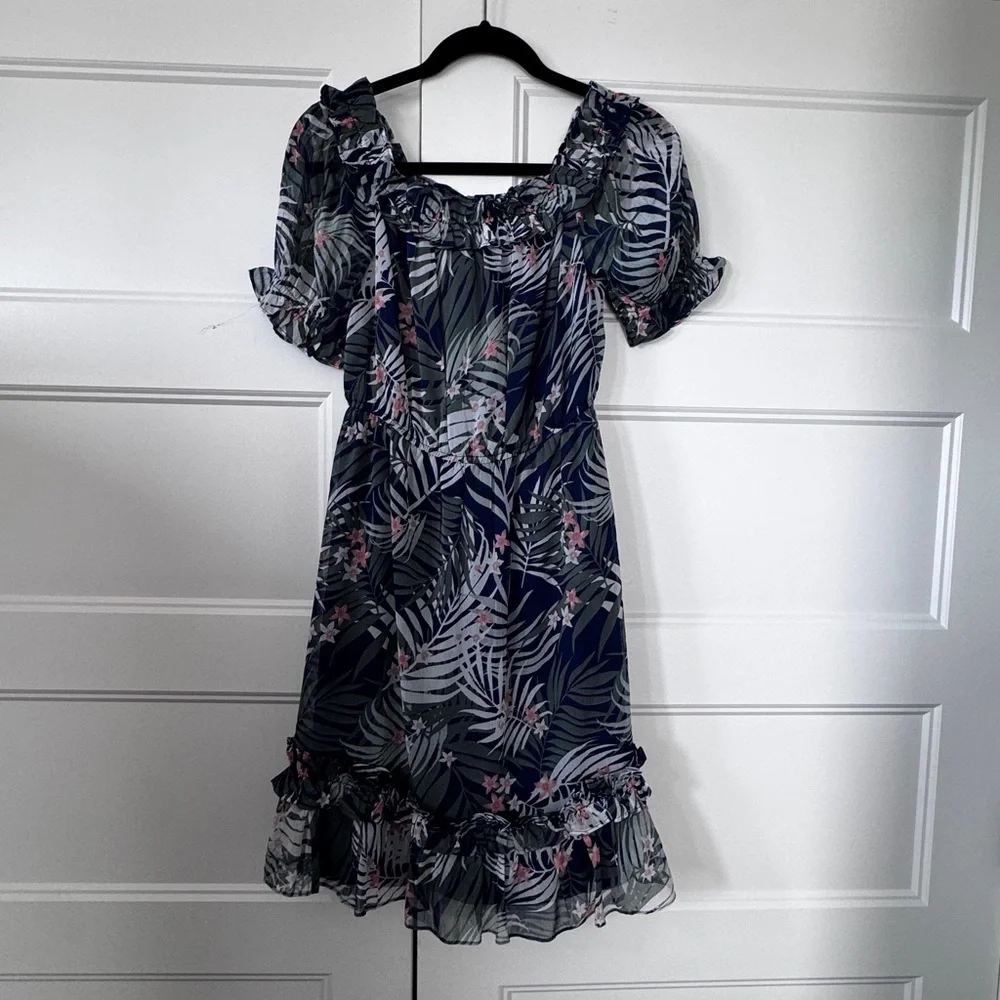 Floral Ruffle Dress - Blue and Pink - Picture 1 of 8